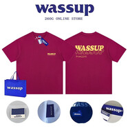 wassup短袖t恤印花重影圓領(lǐng)高街寬松男女夏季純棉半袖休閑情侶裝 酒紅色黃酒紅色黃 酒紅色黃酒紅 M 三標(biāo)齊全