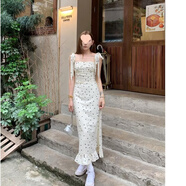 榮西圖慵懶度假風(fēng)波點(diǎn)連衣裙女夏季法式吊帶裙收腰長(zhǎng)裙米白色其他中國風(fēng) 米白色 M