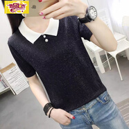 初徑2025新款寬松大碼冰絲短袖t恤女年新款夏裝娃娃領(lǐng)亮絲針織衫上衣 黑色 M 適合95-110斤