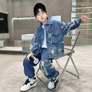 邁兜熊兒童裝男童牛仔套裝春秋款新款中大童運動(dòng)休閑兩件套男孩洋氣韓版 藍色 160