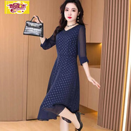 初徑2025新款夏裝連衣裙七分袖新款修身顯瘦減齡雪紡波點(diǎn) 藍色-七分袖 M 建議90-105斤