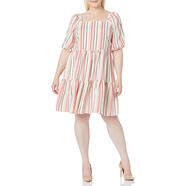 Gabby Skye女式加大碼肘袖方領(lǐng)條紋短款縐紗娃娃裝連衣裙 Ivory/Coral 22-23 Plus