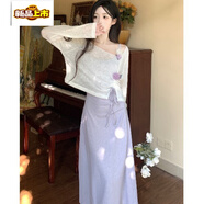 初徑紫色吊帶裙立體花朵竹節棉外搭罩衫春夏胖mm超好看連衣裙套裝 套裝 S 70-90斤