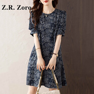 Z.R.Zoro奢侈品連衣裙女2025春夏新款設(shè)計(jì)感泡泡袖印花裙復(fù)古小眾碎花裙女 藍(lán)色 L