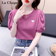 拉夏貝爾（La Chapelle）短袖t恤女裝2025夏季新款華夫格泡泡袖設計感愛心高檔涼感上衣潮 紅色 L