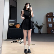 GARNUO紅色連衣裙女夏季法式訂婚禮服敬酒服收腰顯瘦紅裙子無袖背心短裙 黑色 XL 【121-135斤】