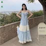 芭瑾圖大碼度假油畫(huà)花邊吊帶連衣裙女夏季胖mm超仙長(cháng)裙民族風(fēng)開(kāi)衫兩件套 單件 藍色長(cháng)裙 L