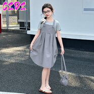CZDZ女童套裝夏短袖透氣上衣中長款棉布背帶裙兩件套中大童裝女送包包 灰色 160 適合身高1米55左右
