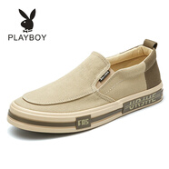 花花公子（PLAYBOY）2025新款男鞋透氣休閑鞋一腳蹬帆布鞋平底低幫板鞋純色潮鞋樂福鞋 卡其 39