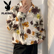 花花公子（PLAYBOY）港風(fēng)復(fù)古vitage襯衫花男女夏威夷痞帥寬松情侶長袖襯衣外套潮牌 卡其色 2333黃色 3XL