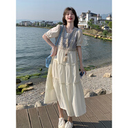 小野七天米白色假兩件連衣裙夏女法式溫柔風(fēng)條紋馬甲拼接茶歇長裙胖MM可穿 均碼 裙長111 建議體重115-130斤