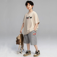 大嘴猴（paul frank）童裝夏季套裝2025新夏款男女童休閑短袖短褲中大童運動時髦兩件套 淺卡其+灰色 140