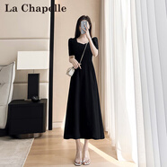 拉夏貝爾（La Chapelle）高級感赫本風短袖連衣女夏2025年新款顯瘦收腰長U領顯瘦連衣裙 黑色 S 建議90-100斤