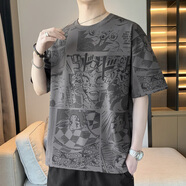 質(zhì)獅衣頻 大碼冰絲短袖t恤男士夏季潮流滿花寬松上衣加肥加大胖子男裝 深灰色 5XL