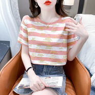 南極人（Nanjiren）夏季女士正肩白色短袖T恤新款寬松顯瘦大碼夏裝半袖體恤上衣ins 白粉條紋 S 【建議75-100斤】