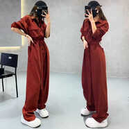 源夫人時(shí)尚連衣褲女春季新款氣質(zhì)顯瘦收腰顯瘦小眾休閑工裝褲兩件套 磚紅連體褲 L 【115-130斤】