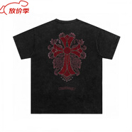 克羅心（chrome heart）官方艦旗梵文貼布克羅心十字架刺繡棉短袖T恤情侶上衣男款休閑店 黑色水洗紅色燙鉆 XL  穿180斤左右