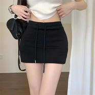 墜落公主純色半身裙女夏季抽繩短裙少女運動(dòng)高腰百搭修身包臀裙A字半身裙 黑色 2XL XXL