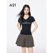 A21女裝印花字母撞色V領(lǐng)T袖2025夏新款韓版修身顯瘦短袖套頭上衣 黑色 S