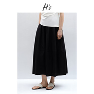 H's高支高密全棉半身裙女25夏新款A(yù)字傘裙抽繩松緊腰通勤花苞腰裙 黑色 L