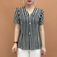 寵琳中年短袖女裝新款夏天時(shí)尚印花夏季洋氣t恤寬松顯瘦媽媽上衣女 黑白格短袖 XL 【90-115斤】