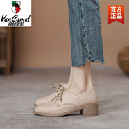 西域駱駝春季真皮小皮鞋女2025春秋春款英倫風(fēng)中跟系帶女鞋粗跟單鞋子 杏色 XZ6228-1單里-駱駝官方品牌 33 尺碼標準