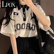 LPOX減齡學(xué)院風(fēng)短袖T恤女+黑色百褶裙夏季新款寬松學(xué)生兩件套裝 白色衫[單件] M _86-105斤
