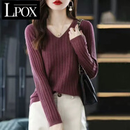 LPOX2025新款V領(lǐng)套頭長(zhǎng)袖針織打底衫女毛衣百搭內(nèi)搭毛衫修身上衣女 皮紅色 2XL [建議120-130斤]
