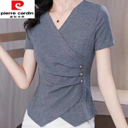 皮爾卡丹（pierre cardin）不規(guī)則短袖T恤女夏季2025年新款交叉V領(lǐng)收腰小衫時(shí)尚短袖顯瘦上衣 灰色【優(yōu)質(zhì)面料】今年流行的輕奢 L 建議105-115斤
