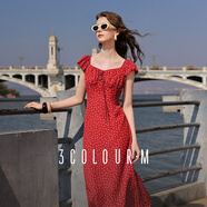 三彩2025夏季新款法式連衣裙方領(lǐng)系帶收腰A字裙飛飛袖長(cháng)裙M