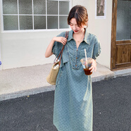 皮爾卡丹（pierre cardin）復(fù)古風(fēng)波點(diǎn)POLO領(lǐng)牛仔連衣裙女夏季2025年新款休閑寬松減齡中長裙 牛仔色 品質(zhì)升級款 L （115-130斤）