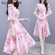 拉夏貝爾（La Chapelle）雪紡連衣裙女裝2025年夏季新款韓版修身時(shí)尚小個(gè)子碎花沙灘裙子夏 粉色 L 【建議102-115斤】