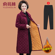 俞兆林（YUZHAOLIN）媽媽裝秋冬中長款棉襖外套大碼新款中老年女裝加絨輕薄款保暖棉衣 玫紅色 + 黑色加絨褲 2XL (參考105-120斤)