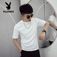 花花公子（PLAYBOY）短袖t恤男2025夏季新款痞帥刺繡潮牌ins半袖體恤印花男裝潮流衣服 純色T白 L 100-120斤