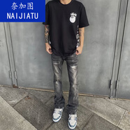 奈加圖美式高街vibe風重磅水洗黑灰Vintage517微喇修身牛仔褲男 黑色 L