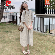 皮爾卡丹（pierrecardin）法式疊穿條紋連衣裙套裝女夏季洋氣減齡休閑蕾絲罩衫吊帶裙兩件裝 兩件套版 L 121-135斤