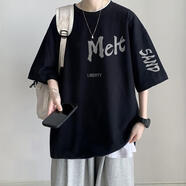 佐瑪?shù)?00%純棉美式短袖T恤男夏季潮牌ins打底衫大碼帥氣青少年寬松體恤 黑色(純棉) 均碼 S(75-90斤)