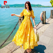 皮爾卡丹（pierre cardin）2025新款波西米亞連衣裙夏季海邊度假沙灘裙春秋裙子復(fù)古雪紡長裙 黃色排扣短袖 【短袖】 XL