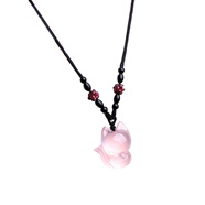 OPZ奢侈高端正品星光粉水晶小狐貍吊墜芙蓉石招桃花粉色粉晶項鏈原石 星光粉萌狐+碧璽繩(收藏級粉)