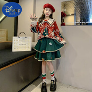 迪士尼（Disney）圣誕裙女童2024新款冬季兒童毛衣裙子套裝女大童半身裙圣誕節(jié)服裝 圣誕套裝(紅色毛衣+綠色裙子+披肩) 120適合身高110cm-120cm