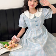HUALIN FASHION廣州十三行女童甜美公主裙娃娃領(lǐng)格子長(zhǎng)裙夏季時(shí)尚薄款 淺藍(lán)格子 均碼 140