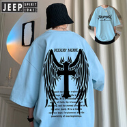 JEEP SPIRIT吉普t恤男美式高街設(shè)計(jì)感夜光翅膀短袖夏季潮牌重磅純棉半袖體恤 Q64淺藍(lán)色【不發(fā)光款】 M (約80至100斤可穿)