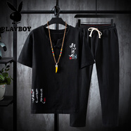 花花公子亞麻套裝男士冬季厚款冰絲短袖t恤男款新中式國風(fēng)棉麻唐裝兩件套 TZ015黑色 L 適合105至120斤