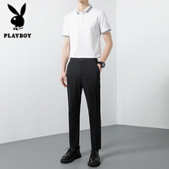 花花公子（PLAYBOY）西裝九分西褲男長褲修身韓版休閑褲短袖POLO.衫T恤男青年男裝套裝 LP52白+BS01長褲藏青 S