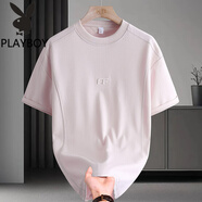花花公子（PLAYBOY）夏季短袖T恤男簡約寬松衣服青年時尚百搭體恤純色圓領半袖上衣潮 粉色 3XL 建議【170-190斤】