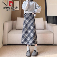 皮爾卡丹（PIERRE CARDIN）毛呢包臀裙秋冬新款長(zhǎng)裙女百搭高腰顯瘦A子復(fù)古斜格紋格子半身裙 深灰色 L