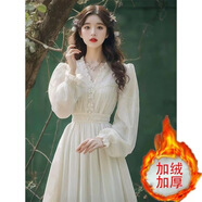 XCFREHT加絨加厚法式小香風(fēng)白色連衣裙子冬季2025新款女裝在逃公主古著(zhù)裙 白色加絨加厚 M 建議95-105斤