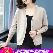 針織衫女春秋冬季新款針織開衫長袖韓版寬松外搭V領(lǐng)百搭毛衣短款披肩薄款外套 卡其色 均碼