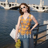 三彩2025夏季新款格紋小衫打褶V領(lǐng)無(wú)袖上衣修身休閑F