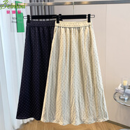 貝娜妮大碼女裝春夏款胖mm氣質(zhì)小波點(diǎn)A字中長(cháng)裙高腰學(xué)院風(fēng)松緊腰半身裙 藍色 3XL 建議160-180斤